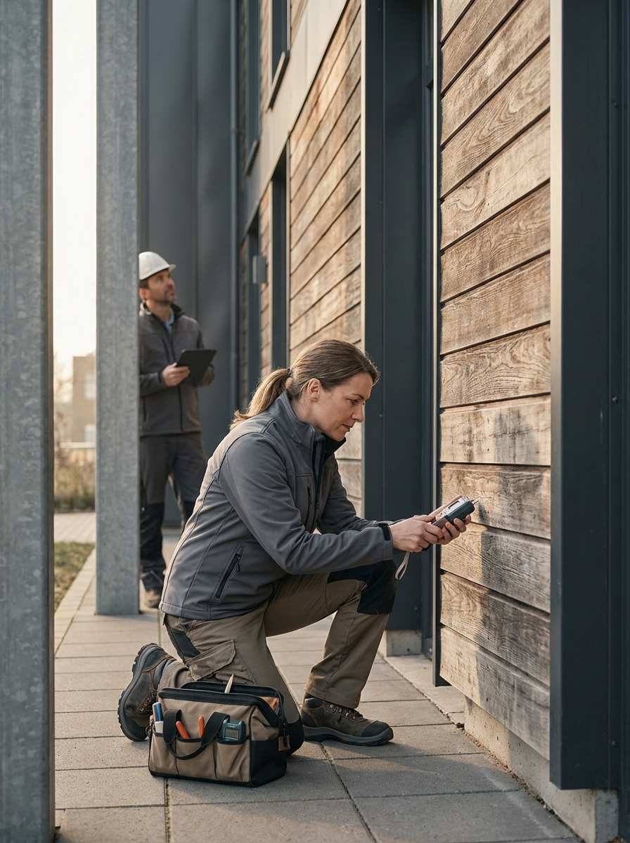 A woman kneeling on the sidewalk in front of a wooden wall, examining a device in her hands, with a tool bag nearby. A man in a hard hat and jacket stands in the background, looking at a tablet.