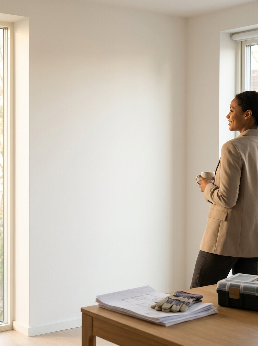 A woman in a beige blazer and dark pants smiling and holding a mug, standing by a window in a bright room with white walls.