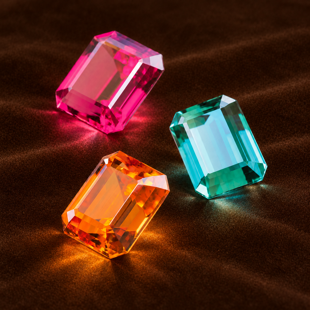 Drei große, bunte, facettierte Kristalle auf einem braunen, leicht schimmernden Hintergrund, in Pink, Blau und Orange gehalten.