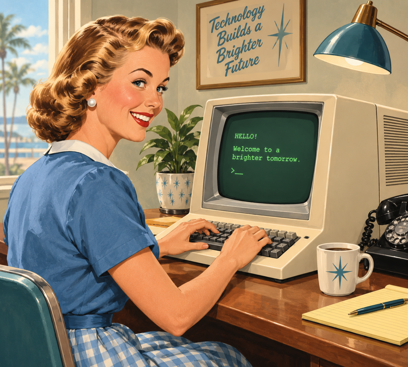 A woman with vintage 1950s style, wearing a blue dress and pearl earrings, sitting at a desk using an old computer. The screen displays a green text that says, 'HELLO! Welcome to a brighter tomorrow.' There is a potted plant, a coffee mug, a yellow notepad with a pen, and a black rotary phone on the desk. A framed motivational poster on the wall reads, 'Technology Builds a Brighter Future.' A lamp hangs overhead, and outside the window, palm trees and a sunny sky are visible.