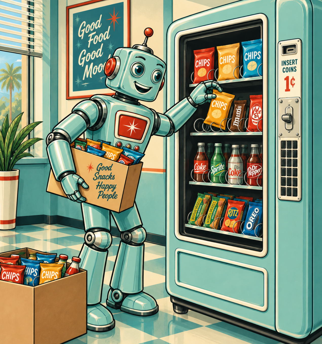 A cartoon robot in a retro-style kitchen or snack shop, holding a box labeled 'Good Snacks Happy People,' reaching into an old-fashioned vending machine stocked with chips, soda bottles, and snack packages. The robot appears cheerful, with a friendly expression.