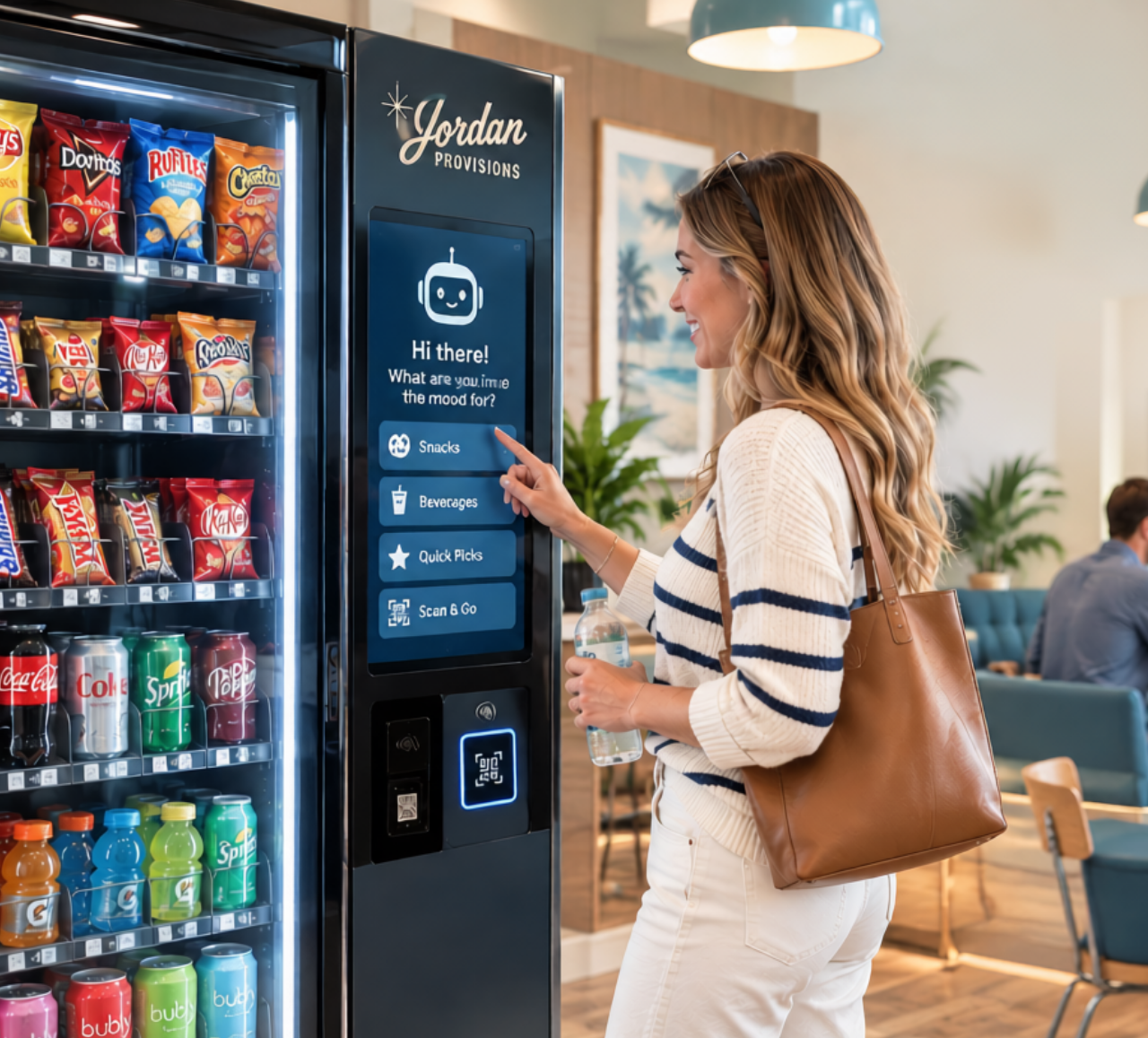 Woman selecting an item from a vending machine with a digital screen in a modern cafe or lobby.