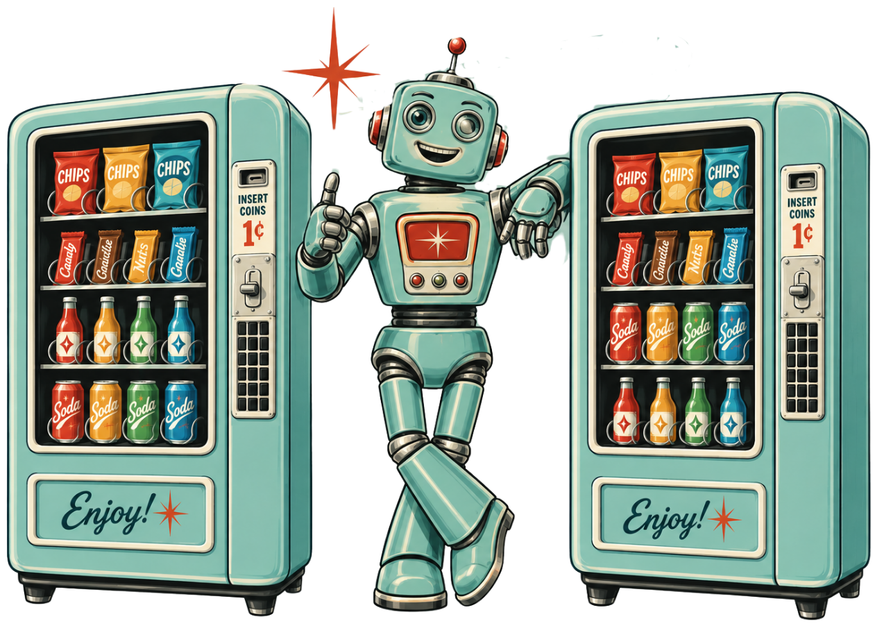 A smiling cartoon robot leaning against two vending machines filled with snacks and drinks. The vending machines have a retro style, and there is a star-shaped sparkle on the top left of the robot.