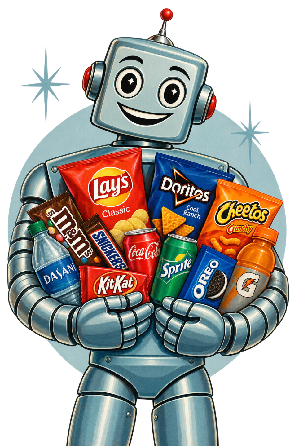 A cartoon robot holding a basket filled with various snack foods and drinks, including Lay's potato chips, Doritos, Cheetos, M&M's, Snickers, Coca-Cola, Sprite, Oreo cookies, an Gatorade bottle, a Dasani water bottle, and a Kit Kat bar. The robot has a friendly face and a big smile.
