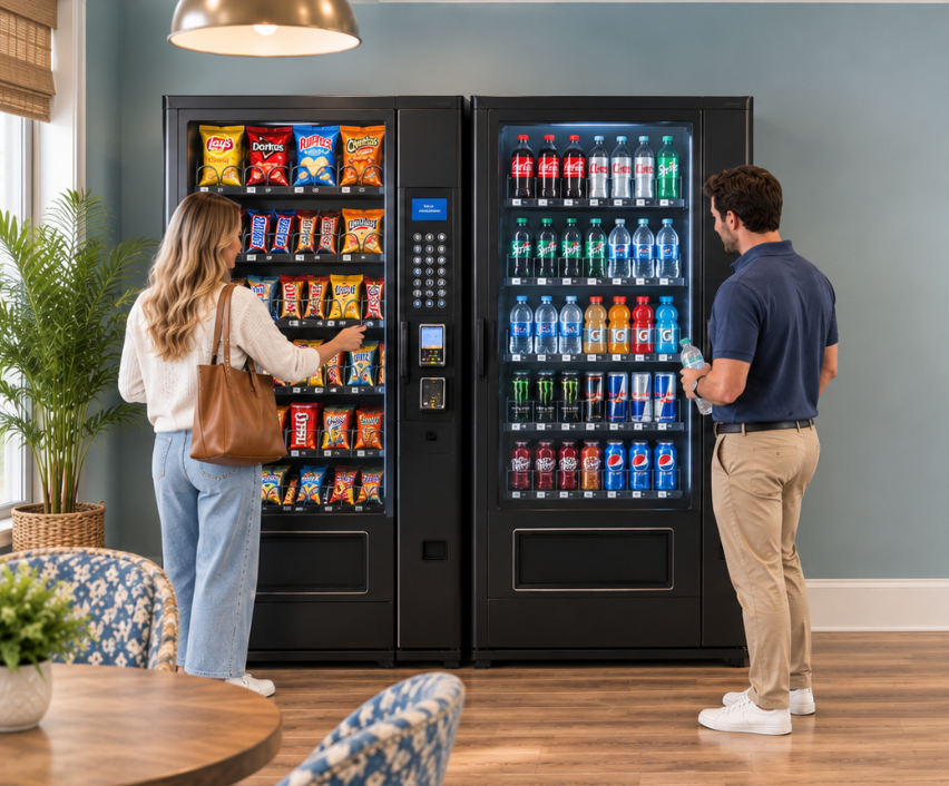 A woman and a man stand in front of separate vending machines, selecting snacks and beverages. The woman is reaching for chips, while the man holds a water bottle. The setting is indoors with a table and chairs nearby, a potted plant, and a soft green wall.