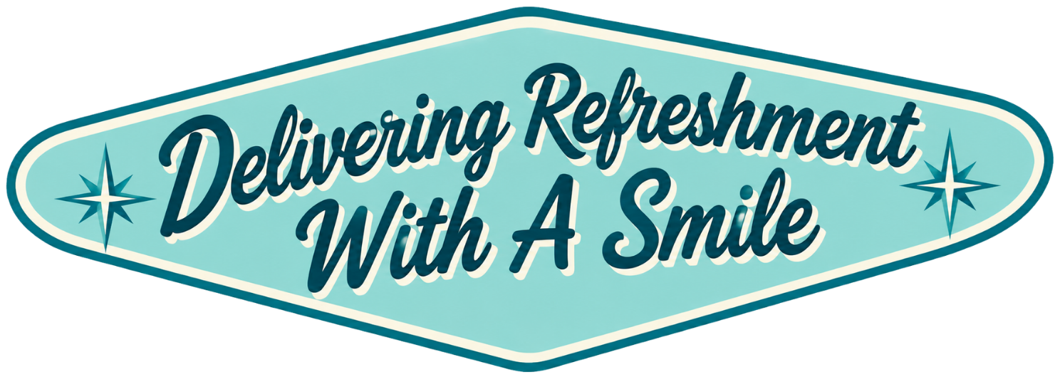 A vintage sign with a light blue background and white border reads 'Delivering Refreshment With A Smile' in dark blue cursive text, decorated with stars on each side.