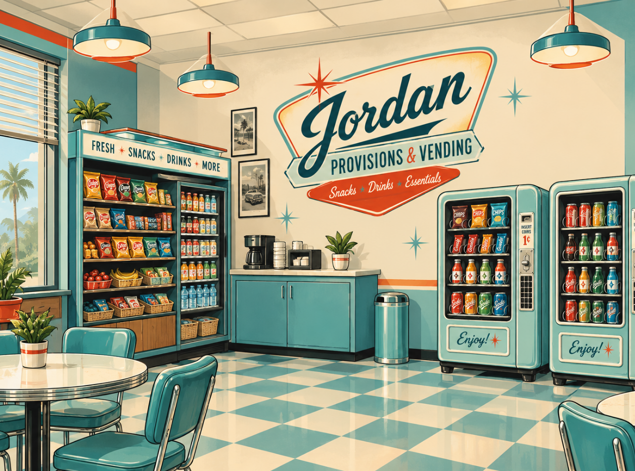 Retro-style convenience store with snacks, drinks, and vending machines, decorated with a vintage logo for Jordan Provisions & Vending, featuring teal and orange accents, potted plants, and a checkered floor.