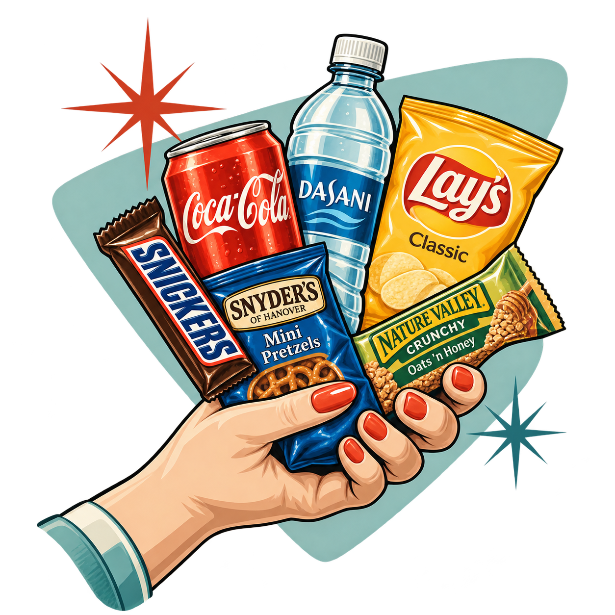 A hand with red painted nails holding a variety of snacks and drinks including a Coca-Cola soda, Dasani bottled water, Lay's Classic potato chips, Snyder's Mini Pretzels, and Nature Valley crunchy oats and honey granola bar.