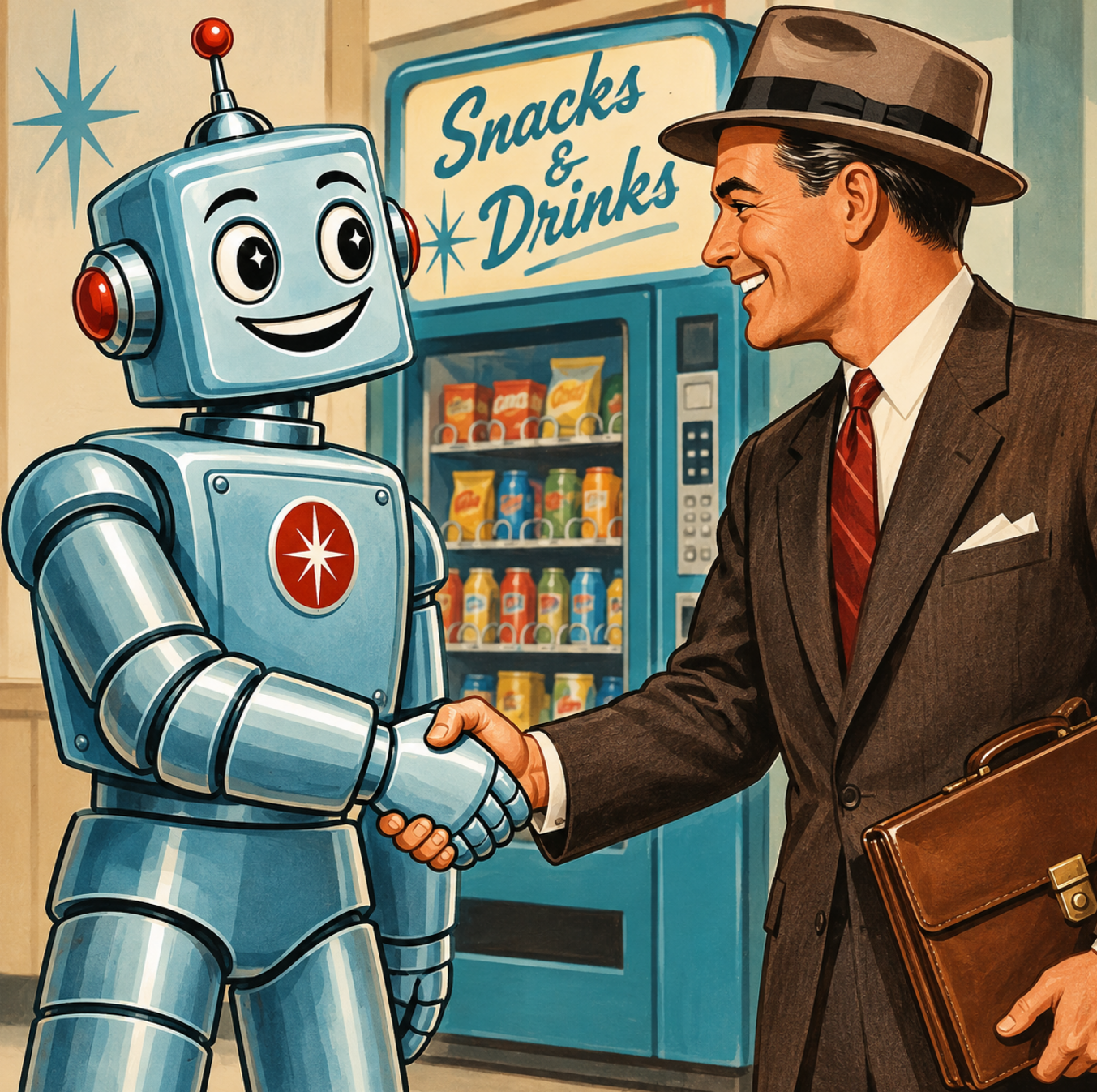 A retro-style illustration of a man in a business suit and hat shaking hands with a friendly robot in front of a vending machine with snacks and drinks, and a sign that says 'Snacks & Drinks'.