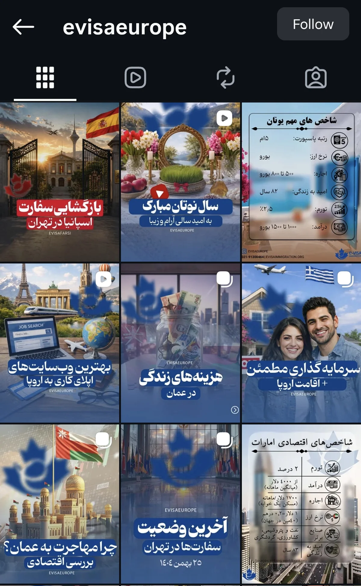 Social media profile page of 'evisa europe' showing various topics related to travel, finance, and economics in Europe and the Middle East, including visa issues, currency exchange, travel costs, and economic indicators.
