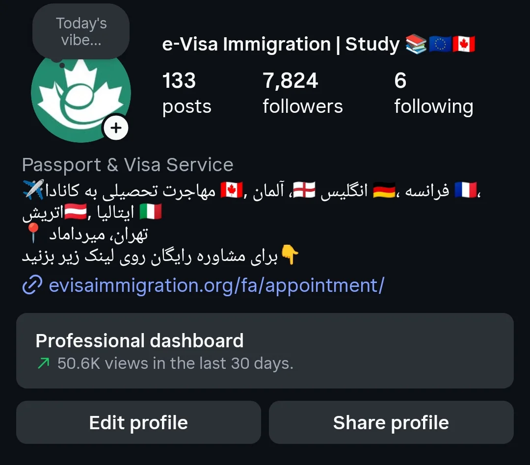 Instagram profile page for e-Visa Immigration study service, featuring Canadian, British, German, French, Italian, and Iranian flags, with 133 posts, 7,824 followers, and following 6 accounts. The profile description promotes passport and visa services for Canada, England, Germany, France, Italy, and Iran, with a link for free consultation. The profile has a professional dashboard with over 50,000 views in 30 days, and options to edit or share the profile.