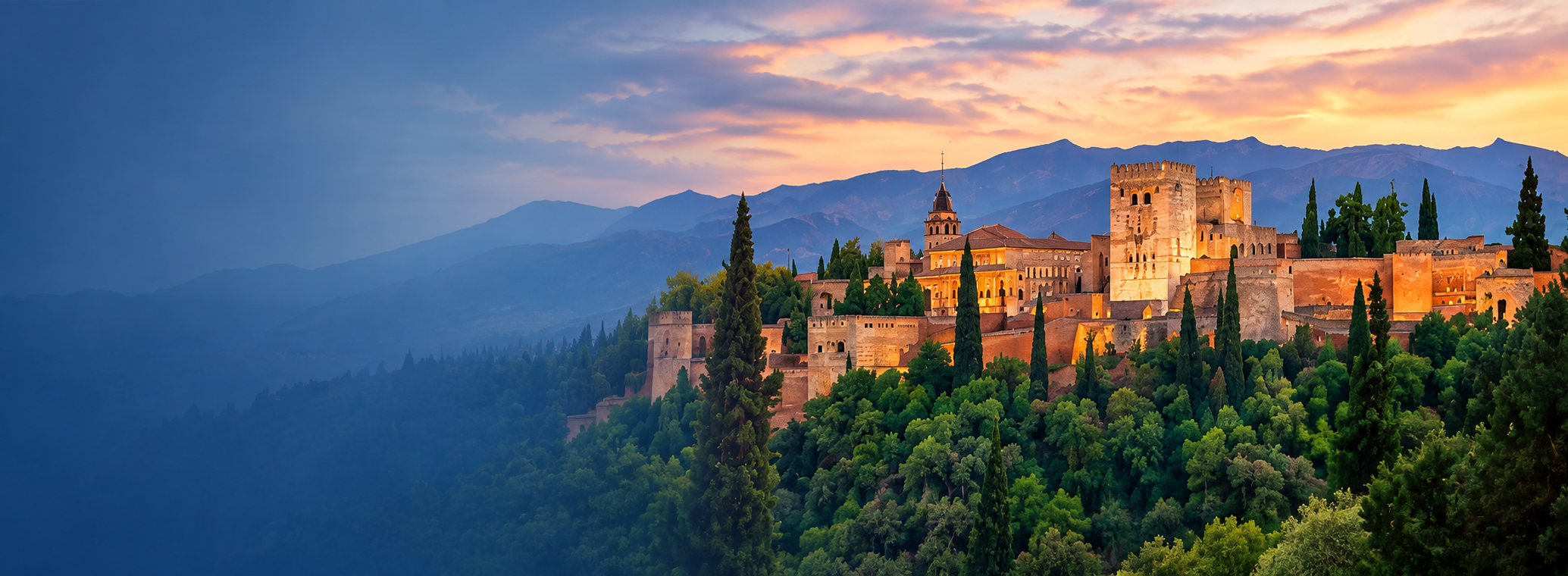 Sunset over a historic hilltop castle and surrounding buildings, with mountains in the background and lush green trees in the foreground.