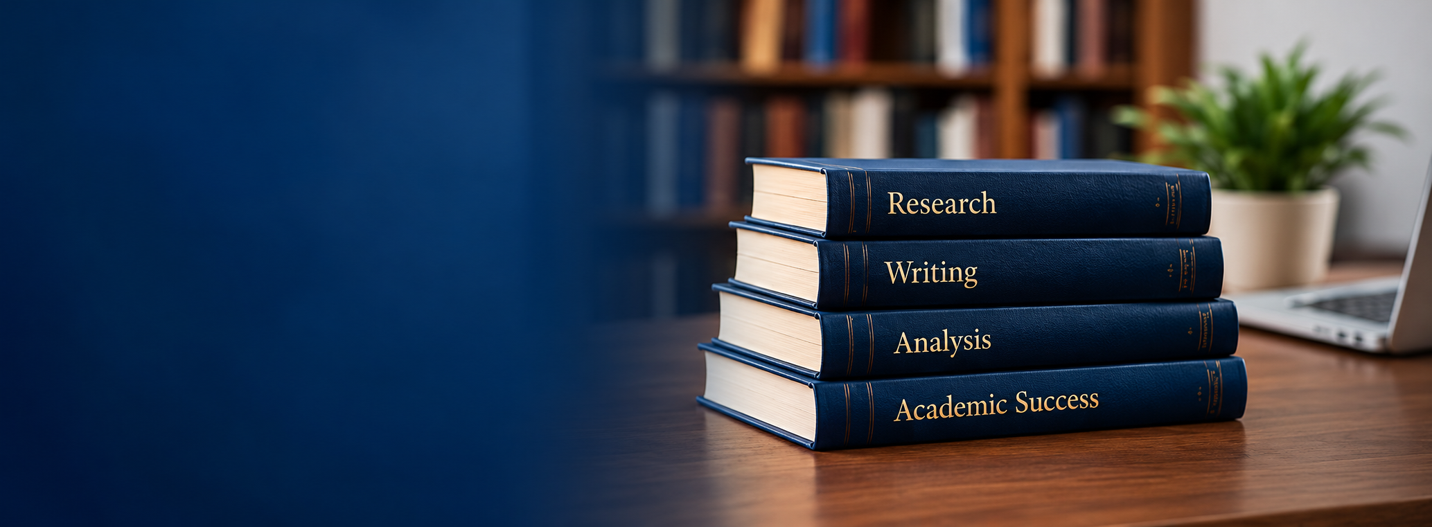Stack of four navy blue hardcover books with gold lettering on a wooden desk, labeled "Research," "Writing," "Analysis," and "Academic Success." In the background, there is a potted plant, a laptop, and a shelf filled with books.
