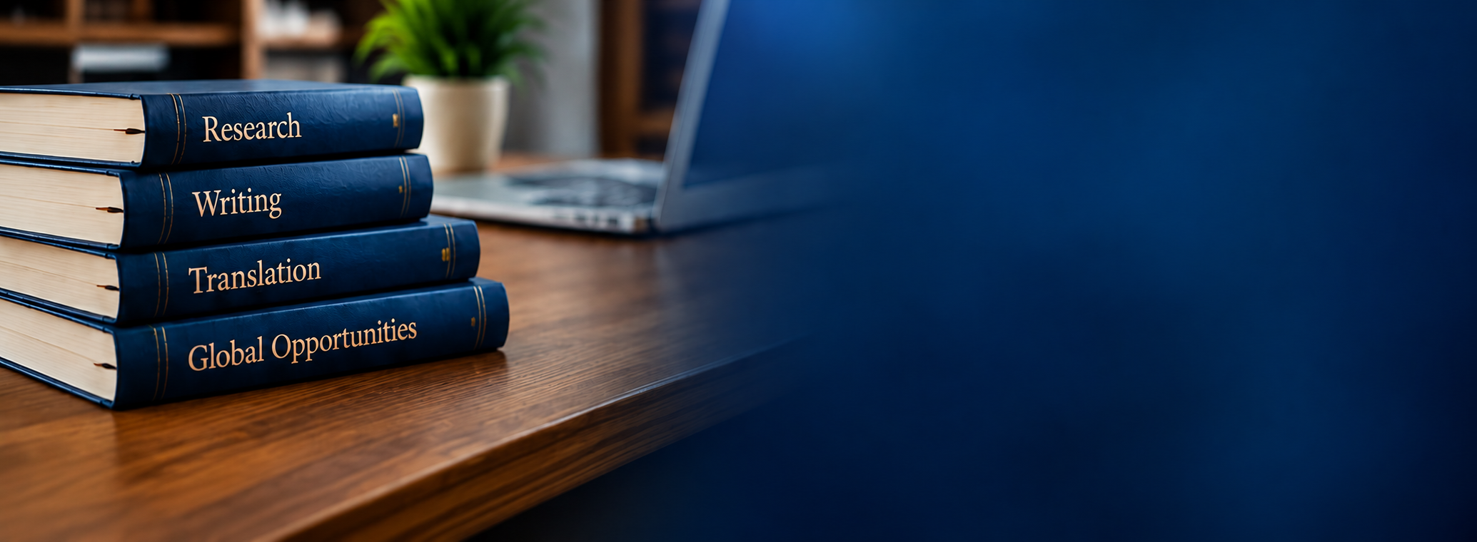Four blue hardcover books on a wooden desk titled 'Research,' 'Writing,' 'Translation,' and 'Global Opportunities' next to a silver laptop with a blurred background of an office environment.