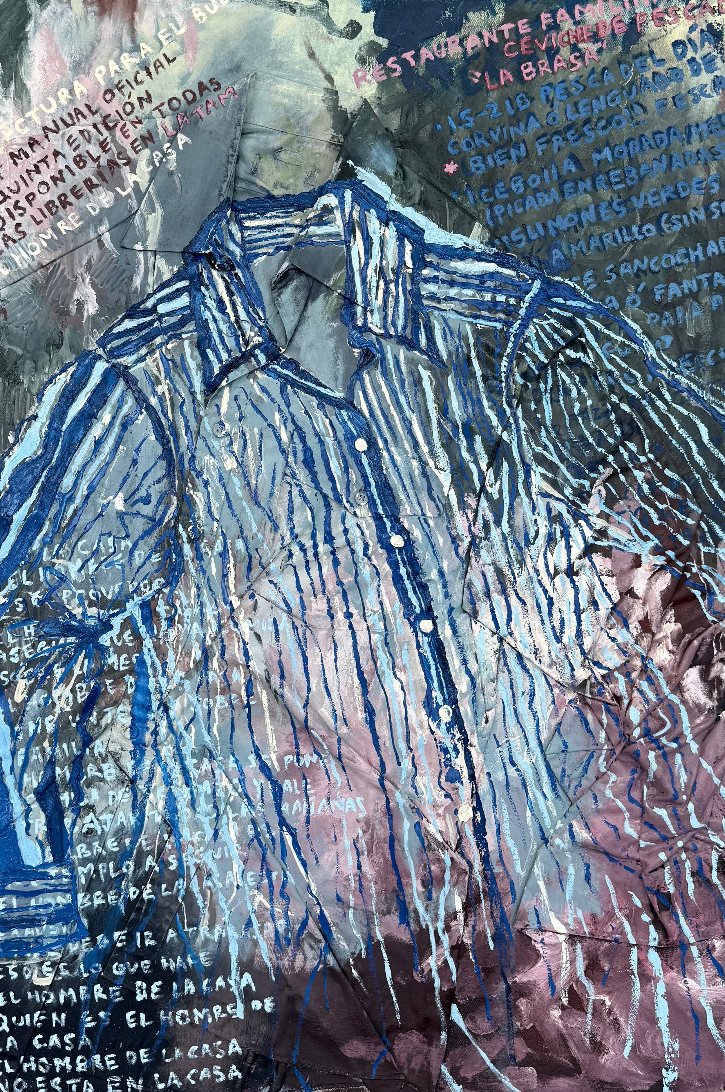 Camisa de Trabajo (Work Shirt), 2026. 36" x 24". Oil, acrylic, and secondhand 100% cotton button-down shirt on raw canvas