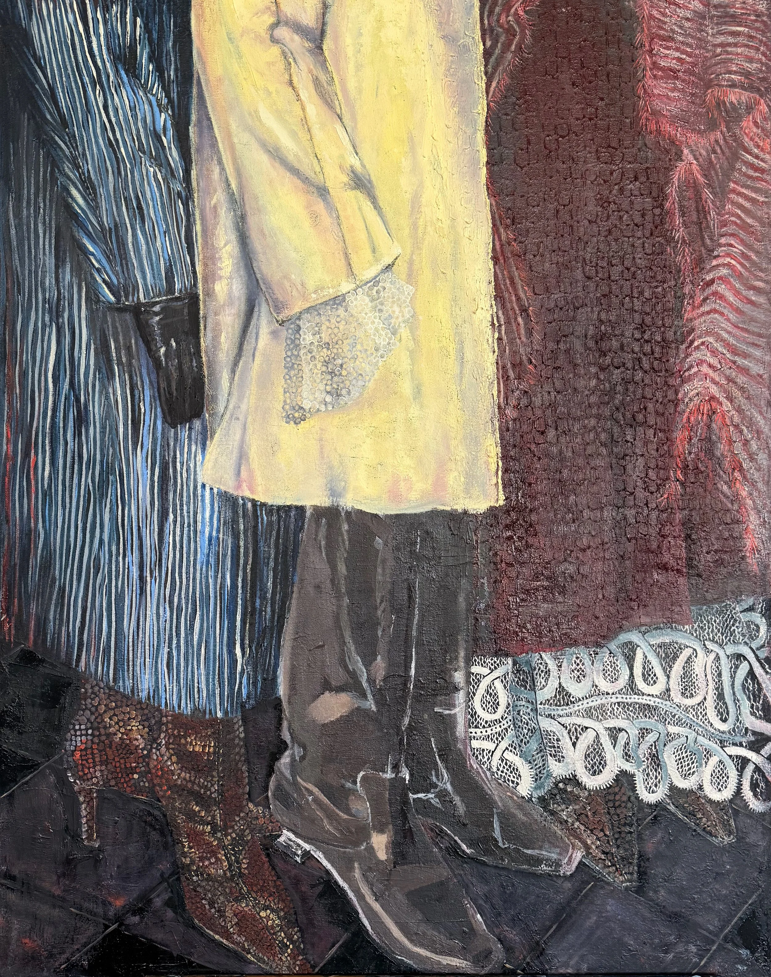 Las Tres (The Three of Us), 2026. 36" x 30". Oil and acrylic on raw canvas