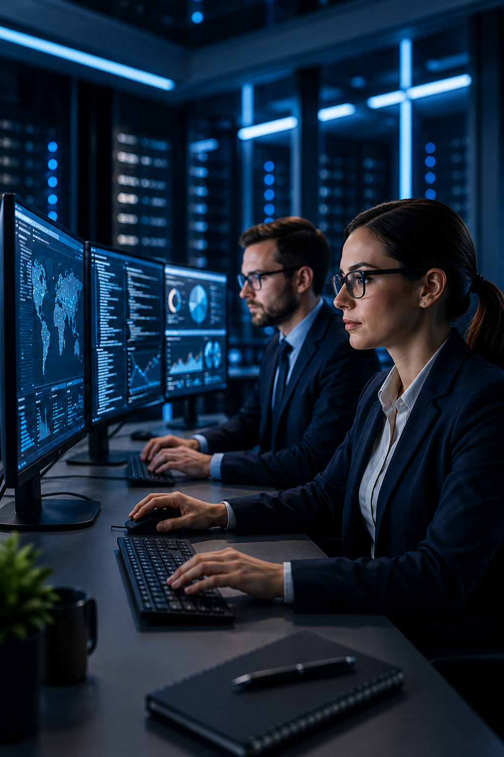 Two professionals working at computers with multiple monitors displaying data, graphs, and a world map in a modern server room or data center.