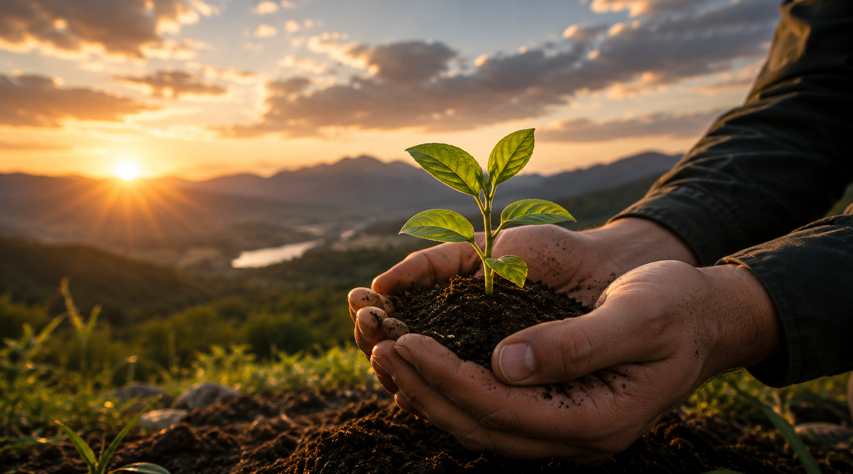 Person holding a small green plant in soil during sunset with mountains and river in background.