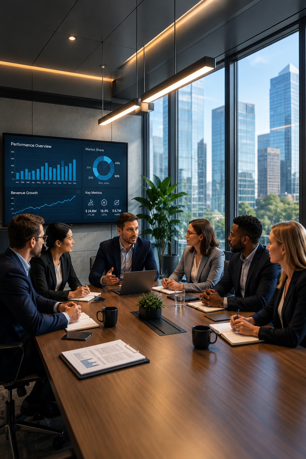 Business meeting in a modern conference room with six people seated around a wooden table, a presenter explaining data on a large screen showing charts and graphs, large windows with city skyline in the background.