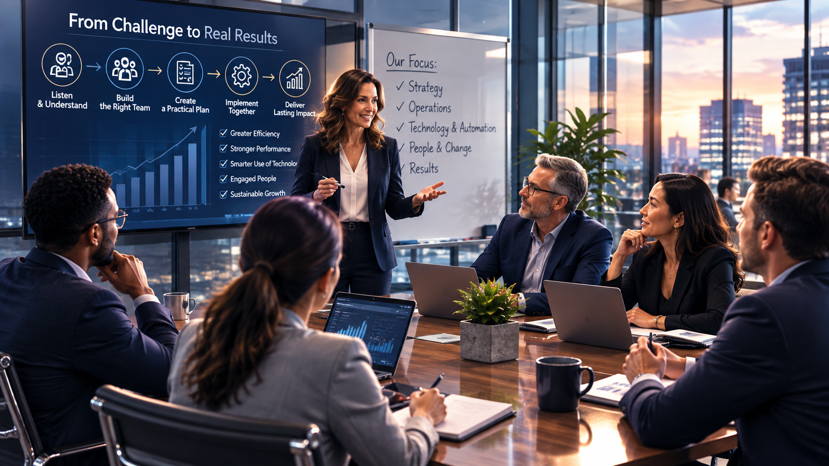 Business woman presenting during a meeting in a modern conference room with a city skyline view, while colleagues listen and take notes on laptops and notebooks.