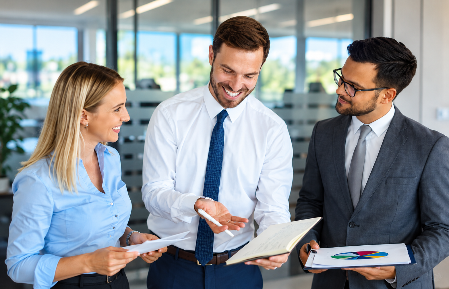 Three business professionals, two men and a woman, are smiling and discussing documents in a modern office. One man is holding a notebook, the other has a clipboard with a pie chart, and the woman is holding papers.