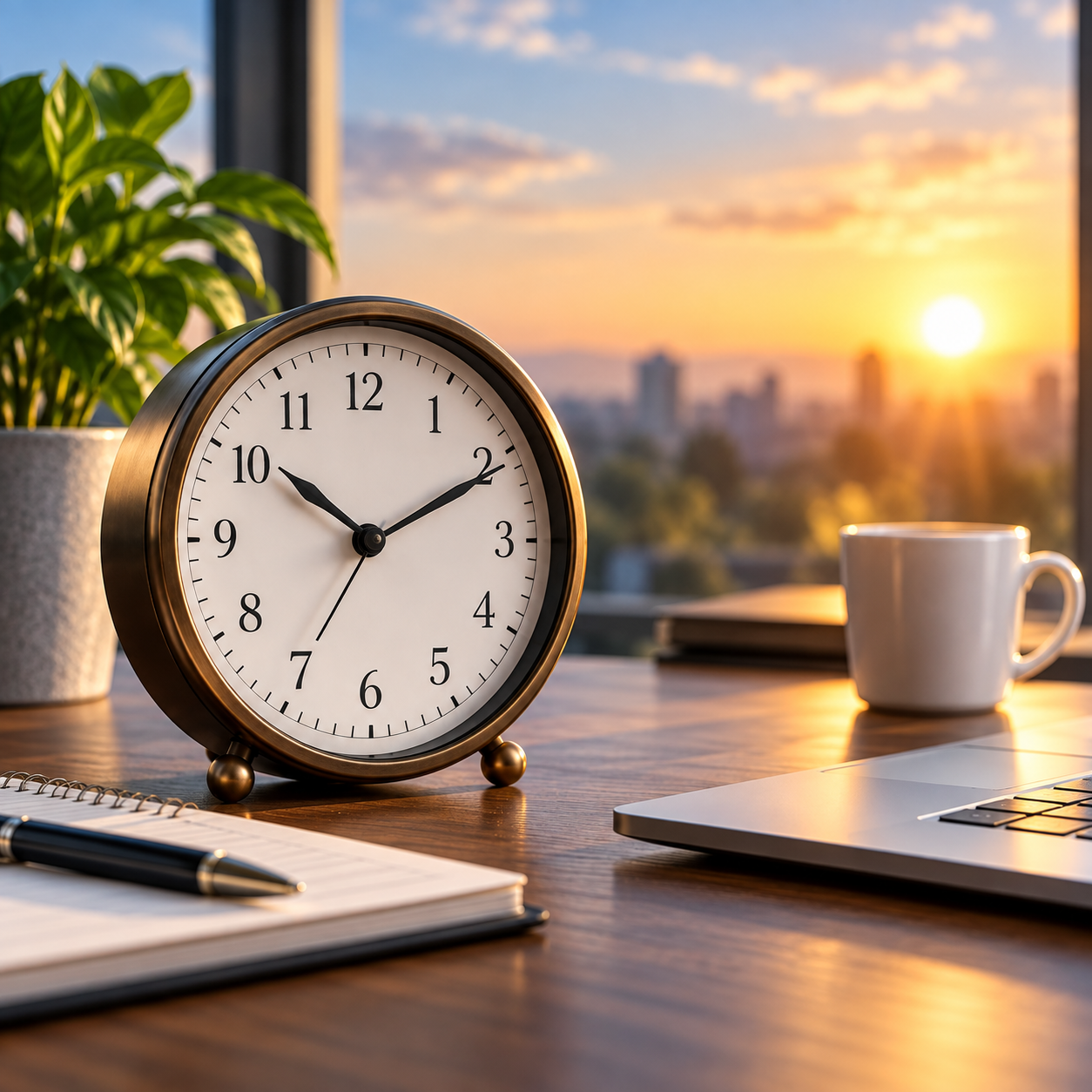 A clock showing 10:10 on a wooden desk. The desk also has a notebook, pen, a potted plant, a coffee mug, a laptop, and a closed book. In the background, a window shows a cityscape and a sunrise or sunset.