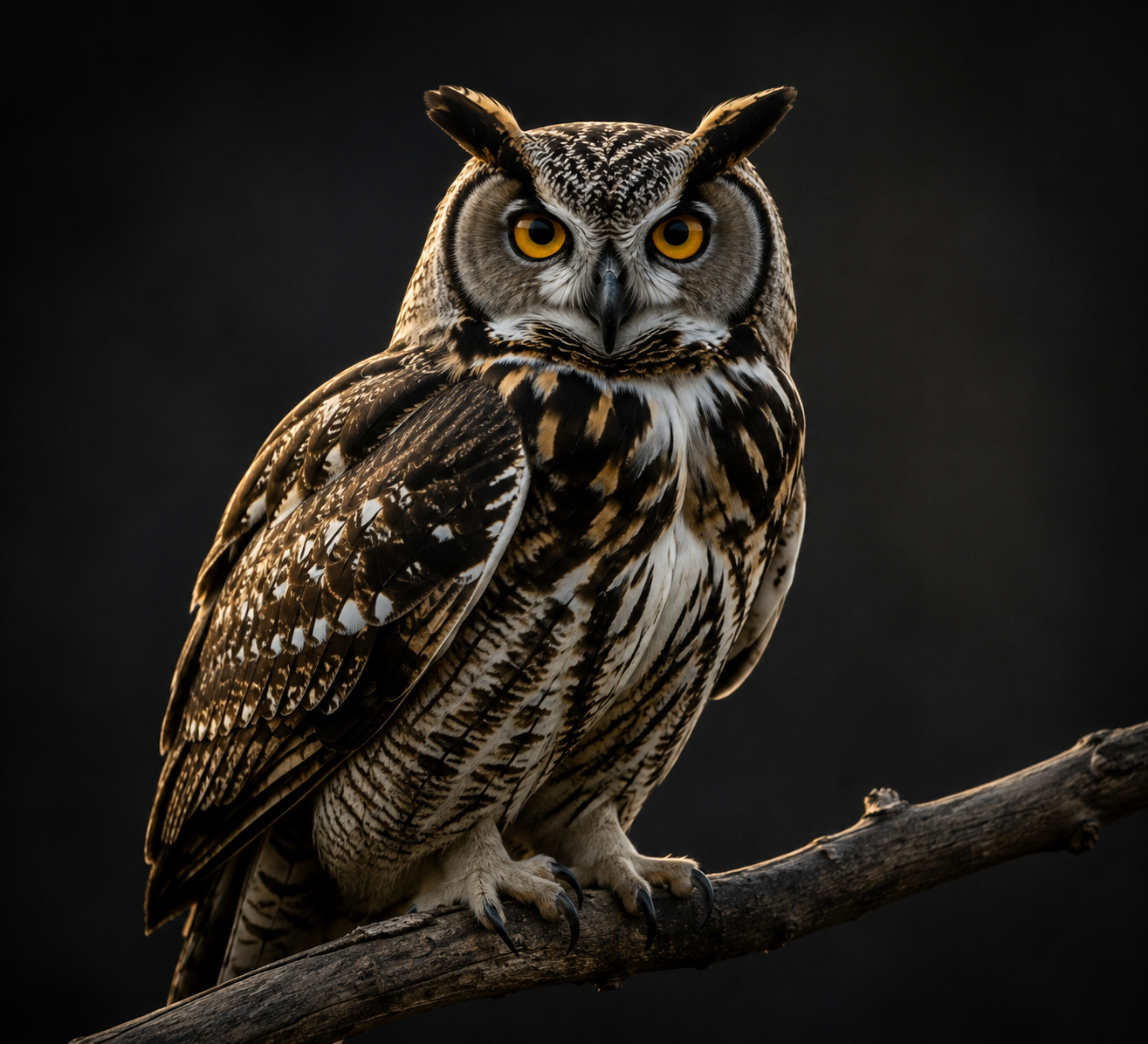 A detailed close-up of a sharp-eyed owl perched on a branch against a dark background.