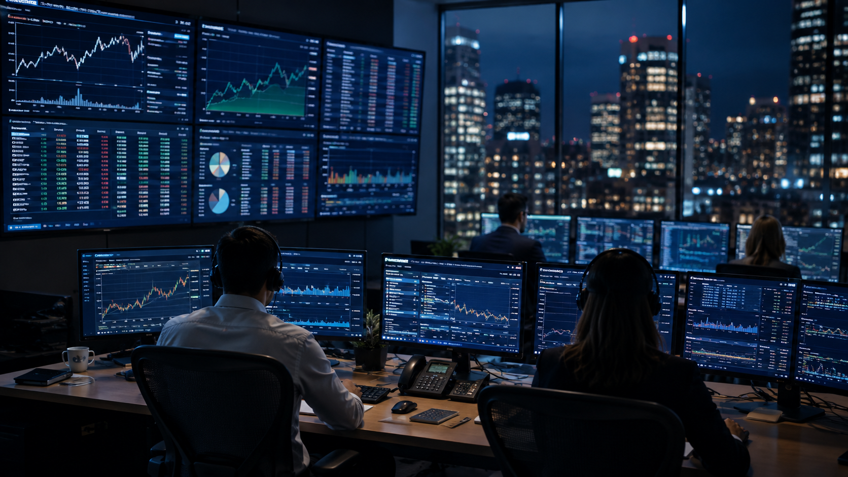 People working at computer stations with multiple monitors displaying stock market charts and data, in a high-rise office with city skyline at night outside the windows.