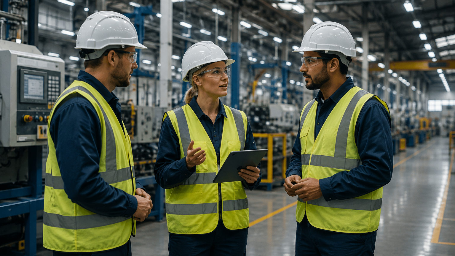 Three factory workers in safety vests and hard hats talking inside an industrial manufacturing plant.