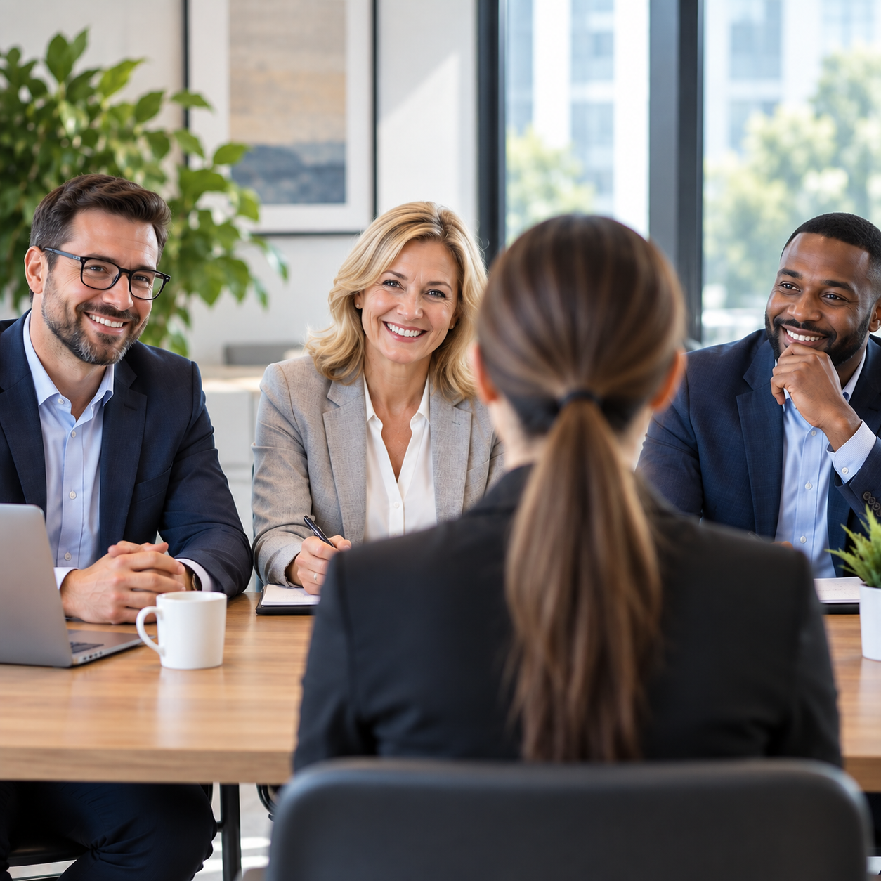 Group of four diverse business professionals having a meeting in a bright, modern office with large windows, smiling and engaging in discussion.