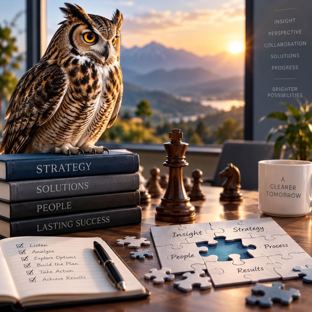 An owl perched on a stack of books labeled 'Strategy,' 'Solutions,' 'People,' and 'Lasting Success' on a conference table. The table also has a chess king, puzzle pieces with words like 'Insight,' 'People,' 'Strategy,' 'Process,' and 'Results,' a notebook with a checklist, a pen, a chess knight, and a mug with the phrase 'A Clearer Tomorrow.' Behind, a window shows mountains and a setting sun in the background.
