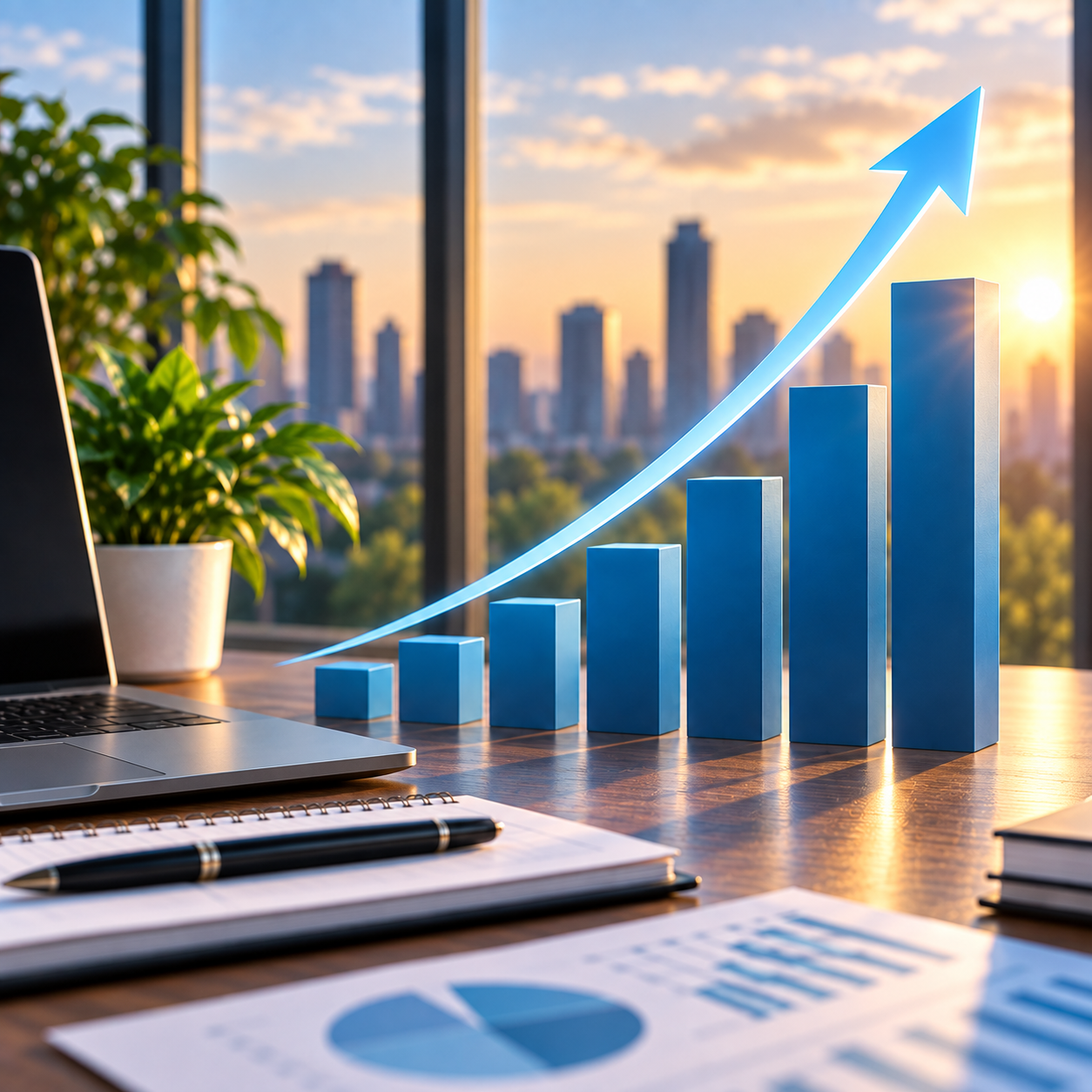 A business graphs and charts showing growth on a desk with a city skyline in the background.