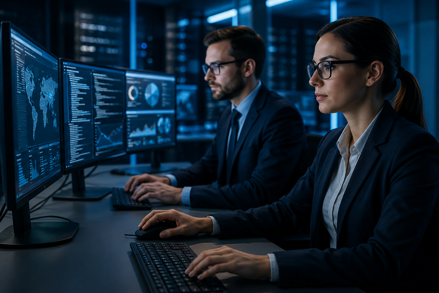 Two professionals working at computer stations with multiple monitors displaying data and world maps in a high-tech office.