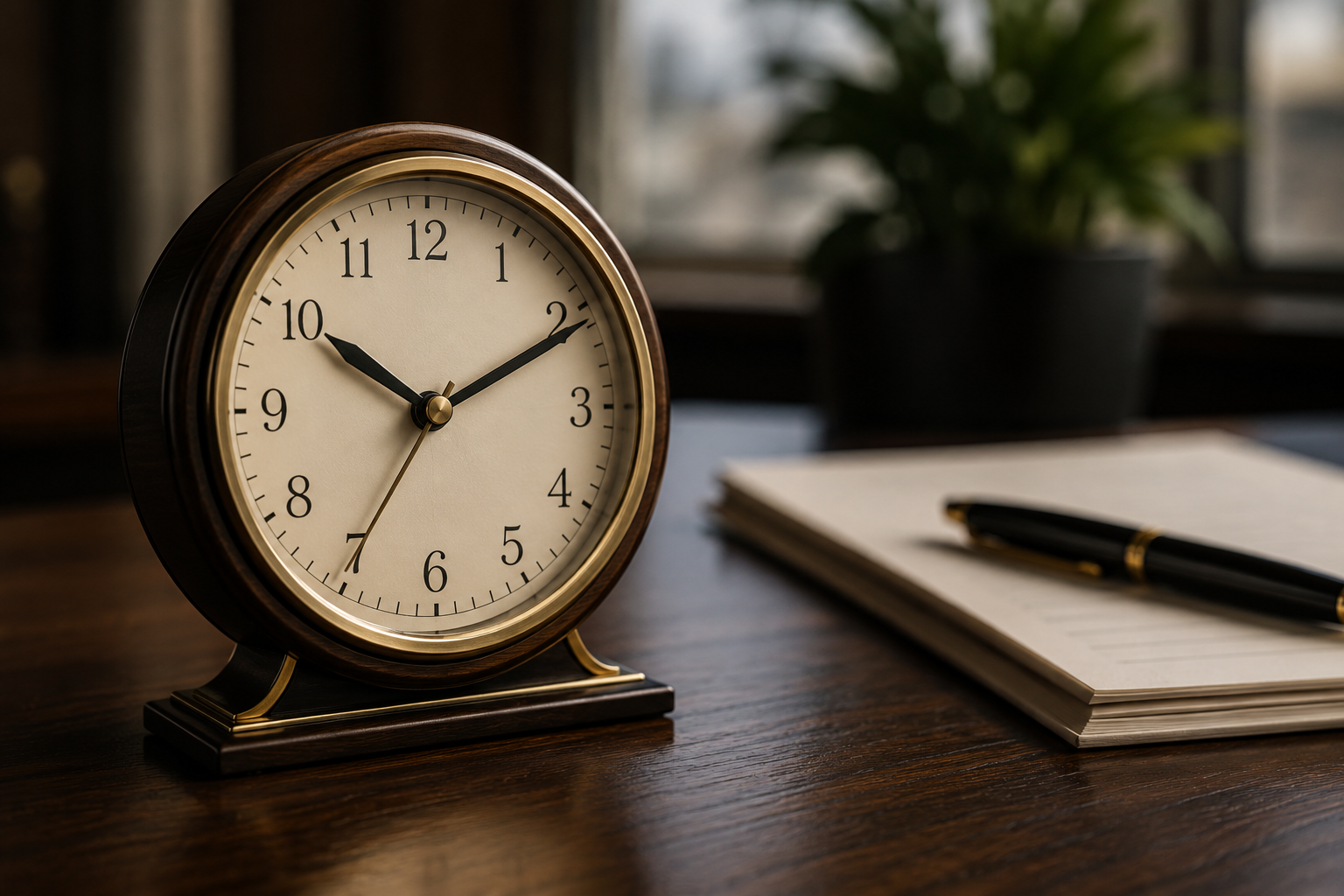 A vintage desk clock showing 10:10, next to a stack of papers and a black and gold pen on a wooden table near a window with a potted plant in the background.