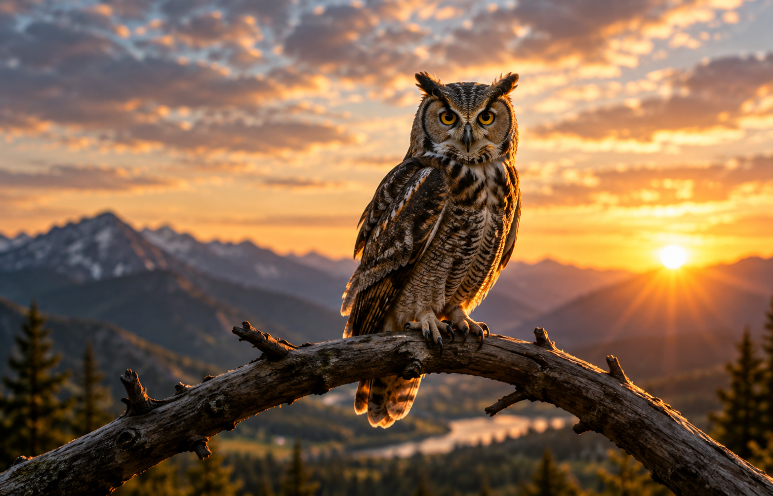 A majestic owl perched on a tree branch during a sunset with mountains and a river in the background.