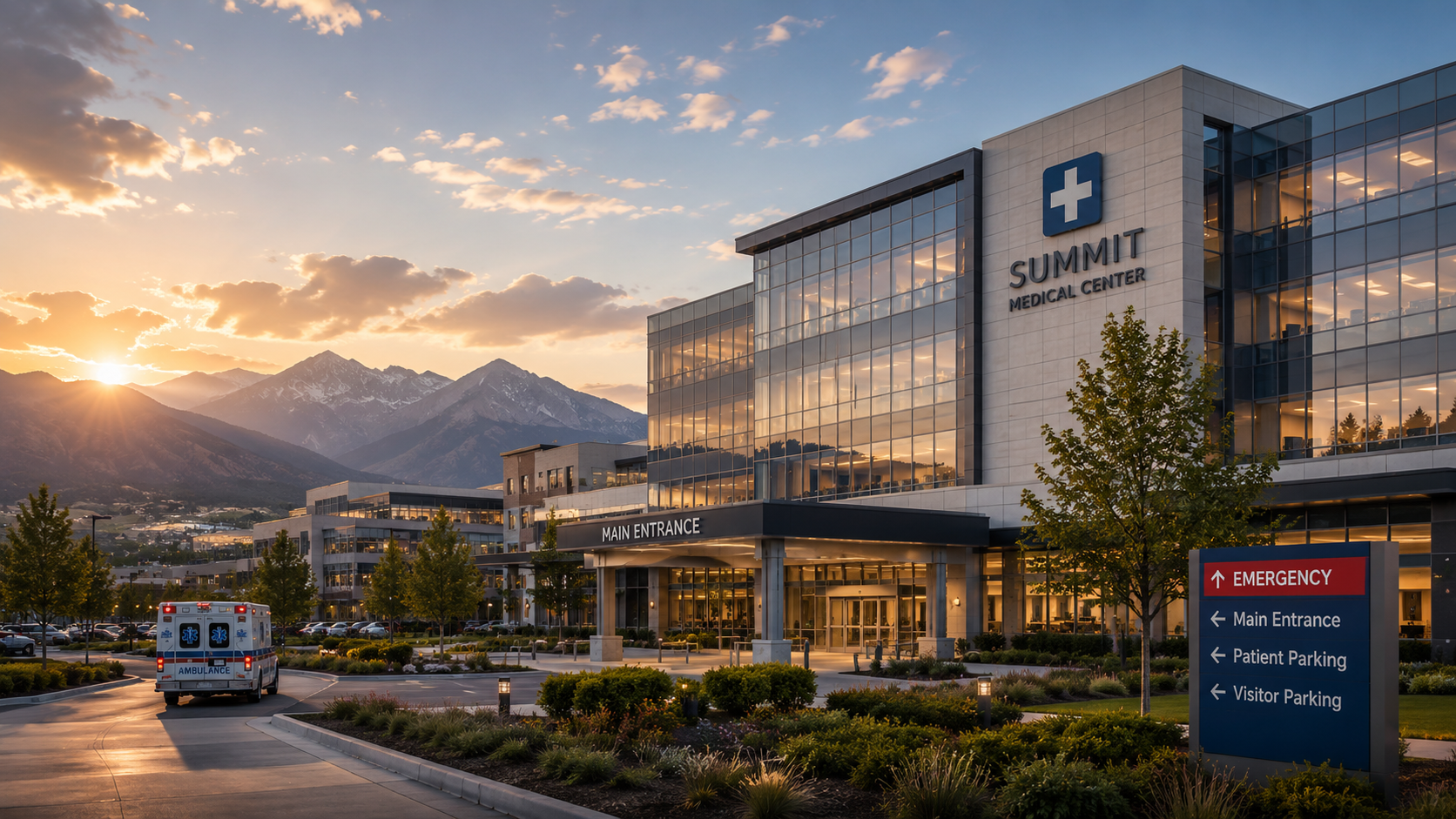 Exterior view of Summit Medical Center at sunset with mountains in the background, ambulance arriving, and a sign indicating main entrance, emergency, and parking areas.