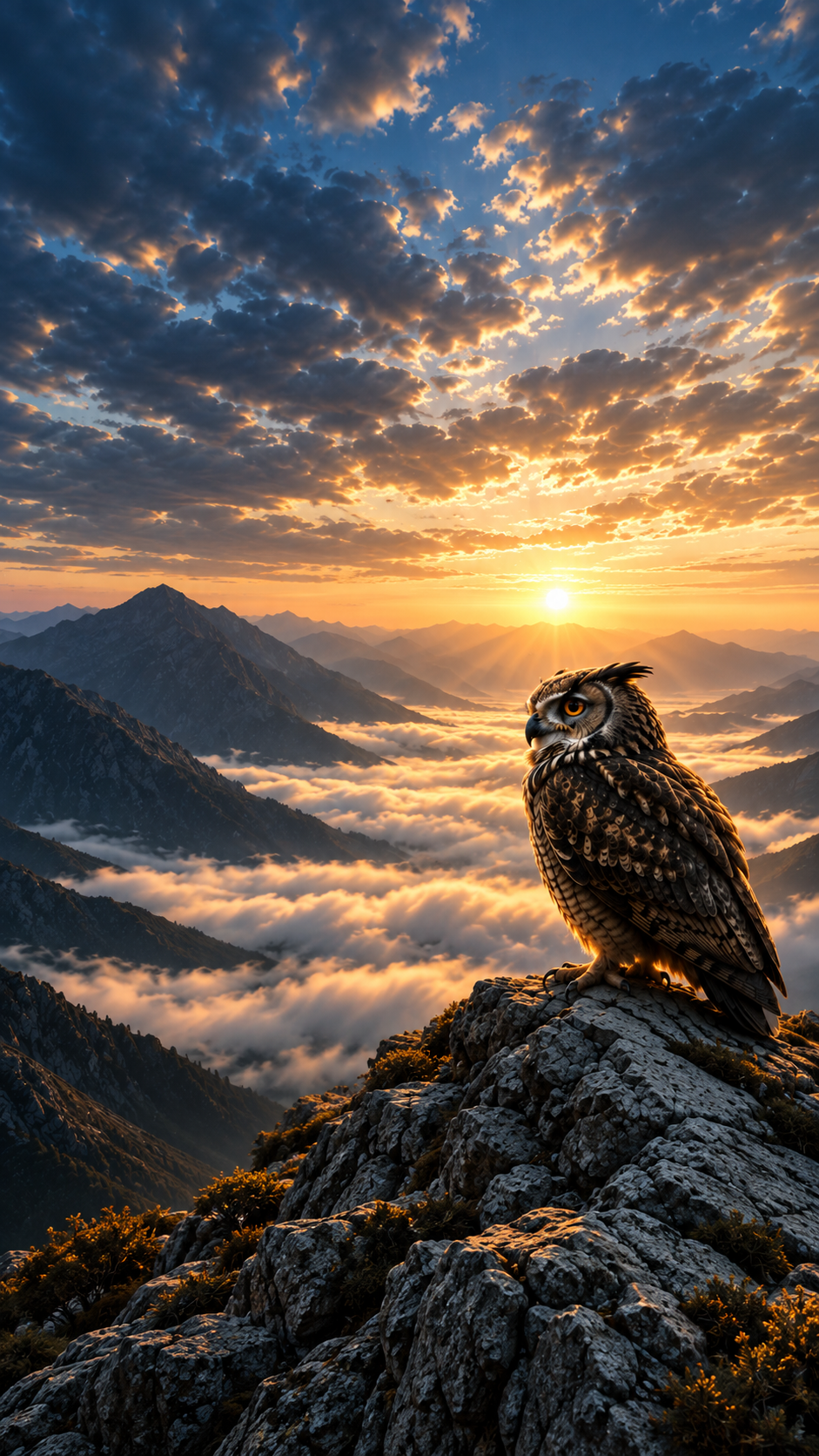 An eagle perched on a rocky mountain ledge overlooking a mountain range with clouds below and the sun rising over the mountains at sunrise.
