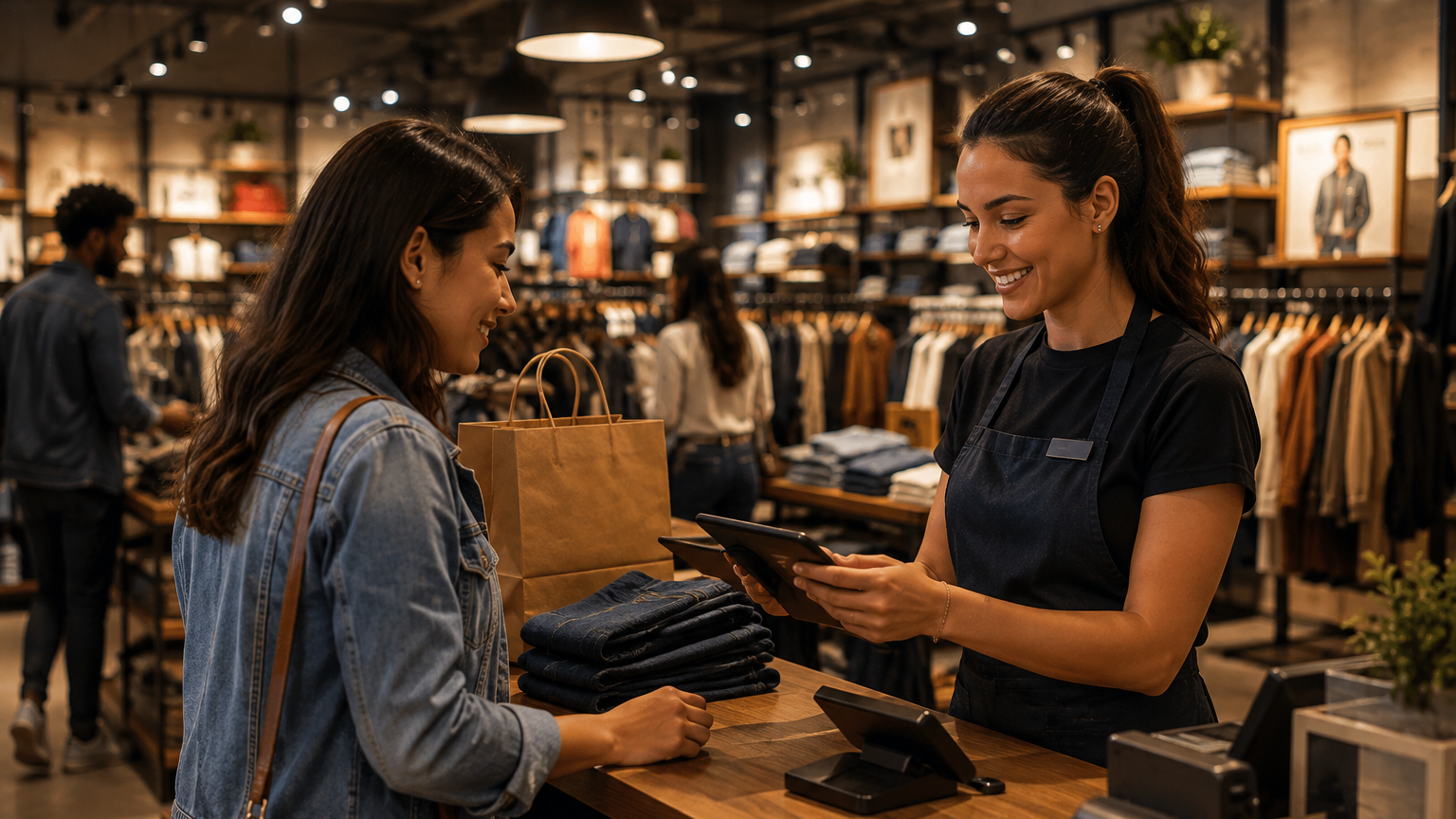A customer pays for clothing at a retail store checkout counter while a smiling cashier scans items on a tablet, with clothing racks and shoppers in the background.