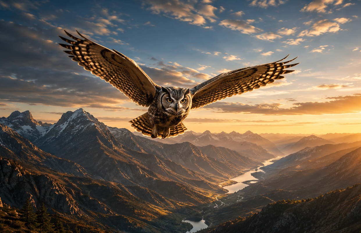 An owl with large, outstretched wings flying over a mountain landscape during sunset.