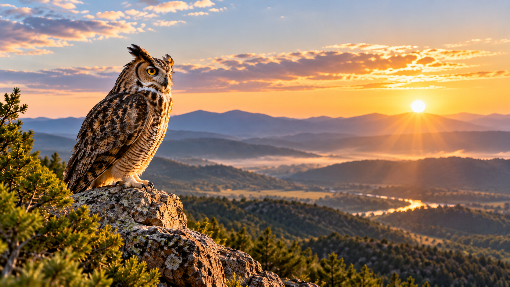 A great horned owl perched on a rock during sunrise, overlooking a landscape of mountains, a river, and forest.