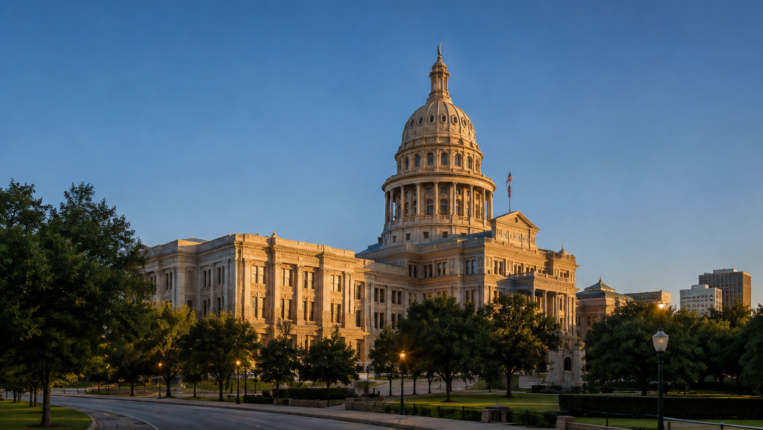 The Texas State Capitol building in Austin, illuminated by warm sunlight, with trees and a street in the foreground and a clear blue sky in the background.