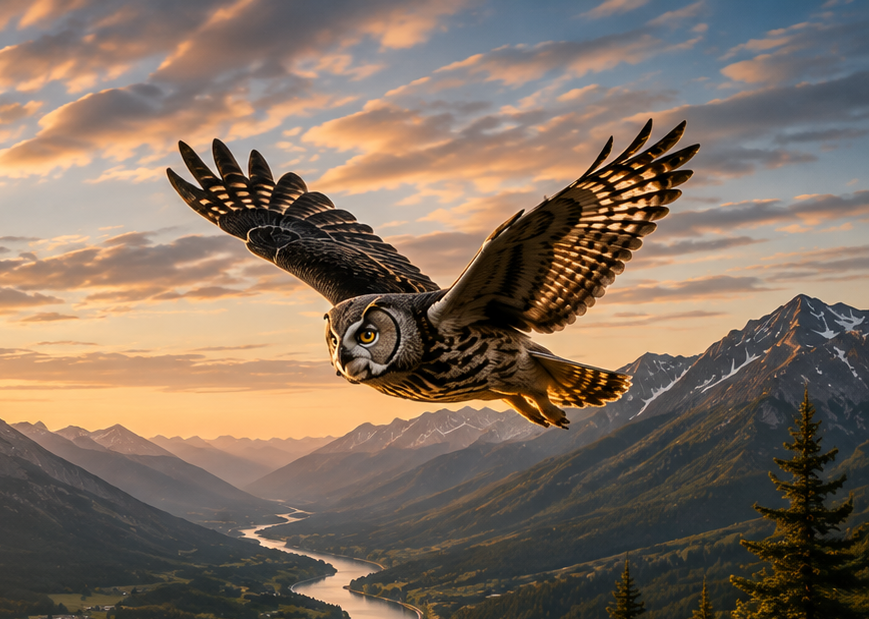 An owl with the head of a human in flight over mountains and a river valley during sunset.