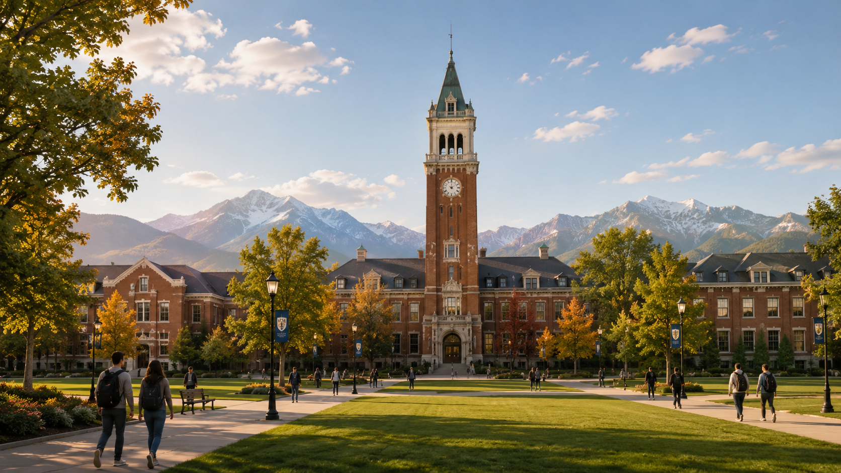 A university campus with a clock tower in the center, surrounded by trees with autumn foliage, students walking on pathways, and snow-capped mountains in the background during sunset.
