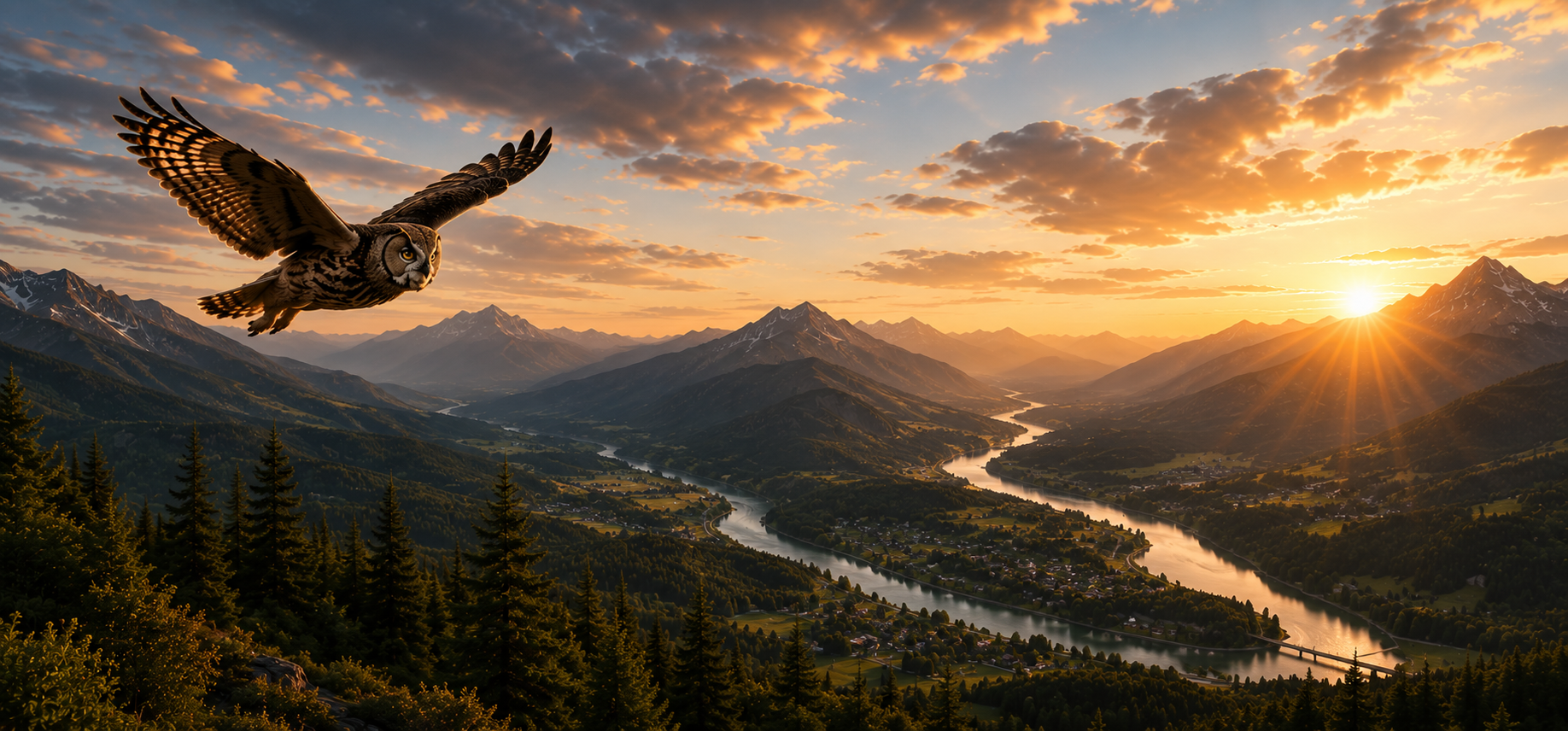 An animated owl with eagle wings flying over a mountainous landscape during sunset, with a river winding through and a small town below.