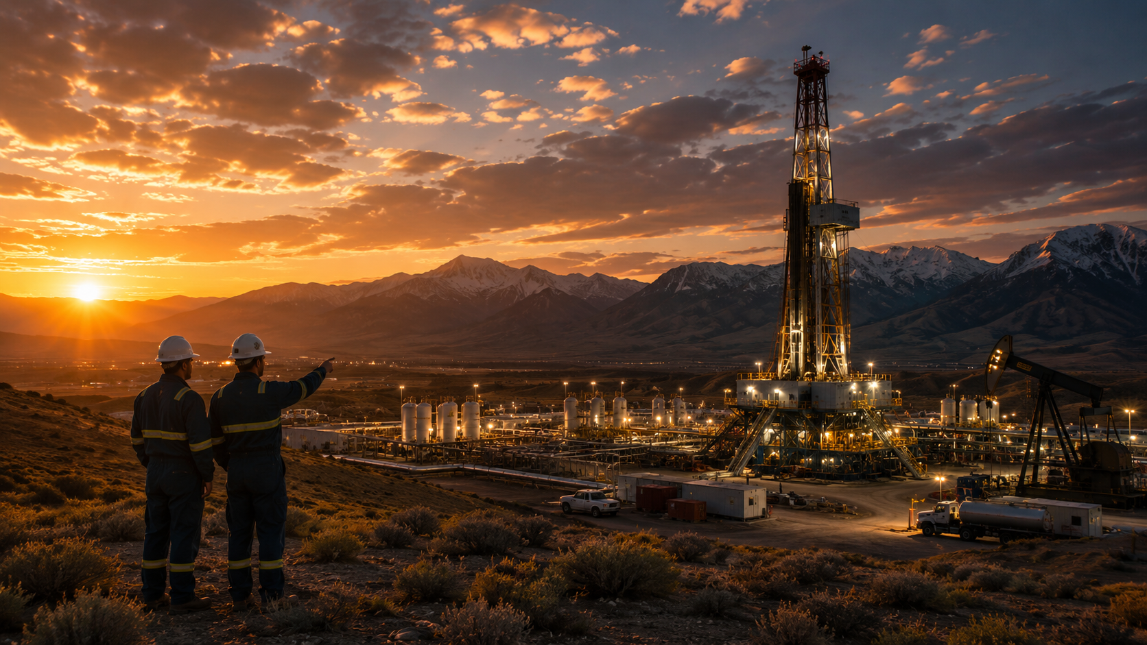 Two workers in hard hats and safety gear standing on a hill overlooking an oil drilling site at sunset, with mountains in the background and a partly cloudy sky.