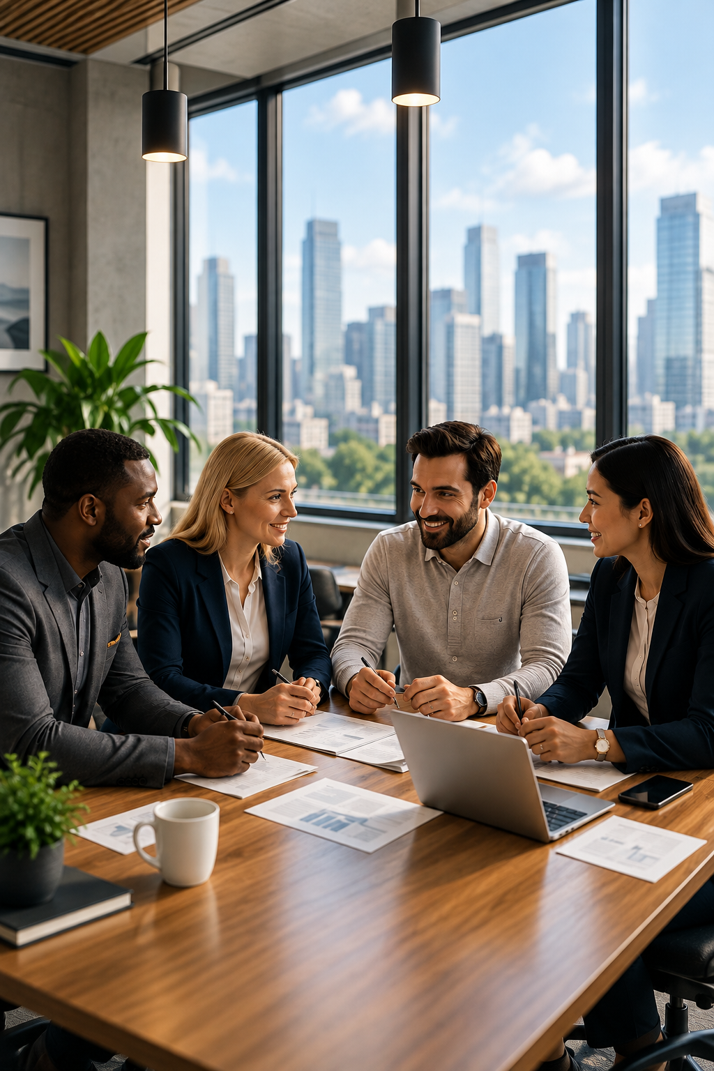 Four diverse businesspeople having a meeting at a conference table in a modern office with a city skyline view.