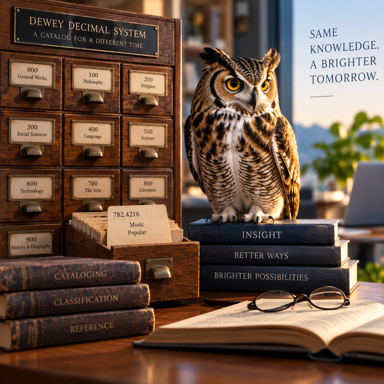 An owl perched on a stack of books labeled 'Insight,' 'Better Ways,' and 'Brighter Possibilities' in a study setting. To the left, a vintage wooden card catalog is labeled 'Dewey Decimal System' with drawers labeled with various subject categories. A pair of glasses rests on an open book, and behind the owl is a sign reading 'Same knowledge. A brighter tomorrow.' The background shows a bright window with a blurred outdoor view.