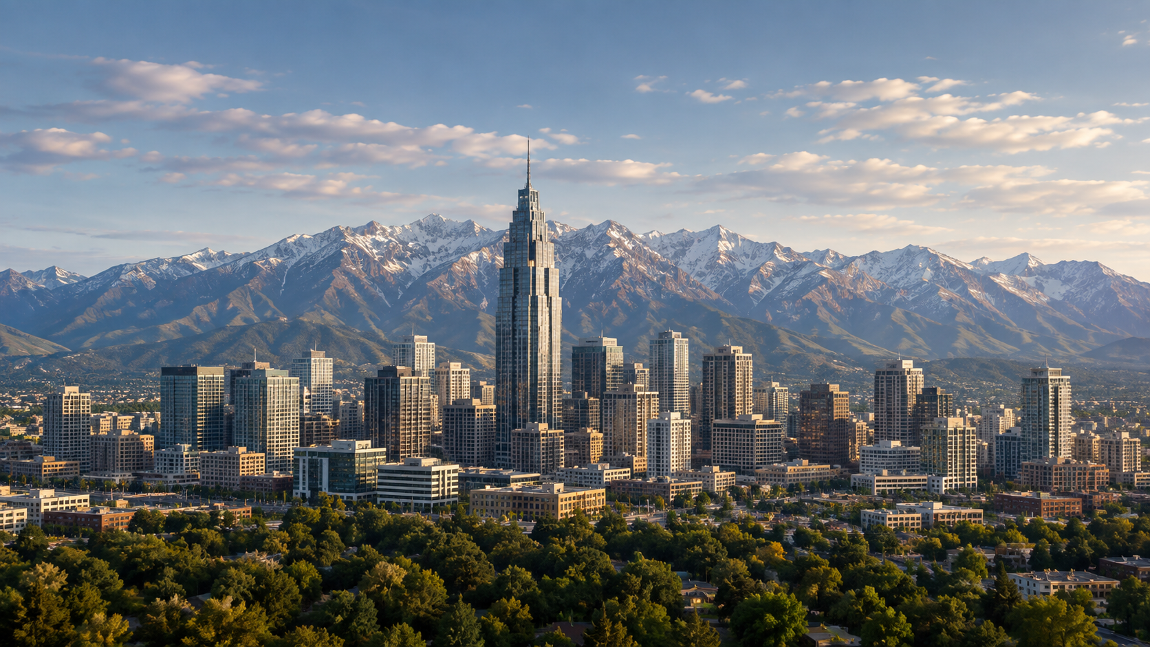 City skyline with tall skyscrapers and the mountains in the background.