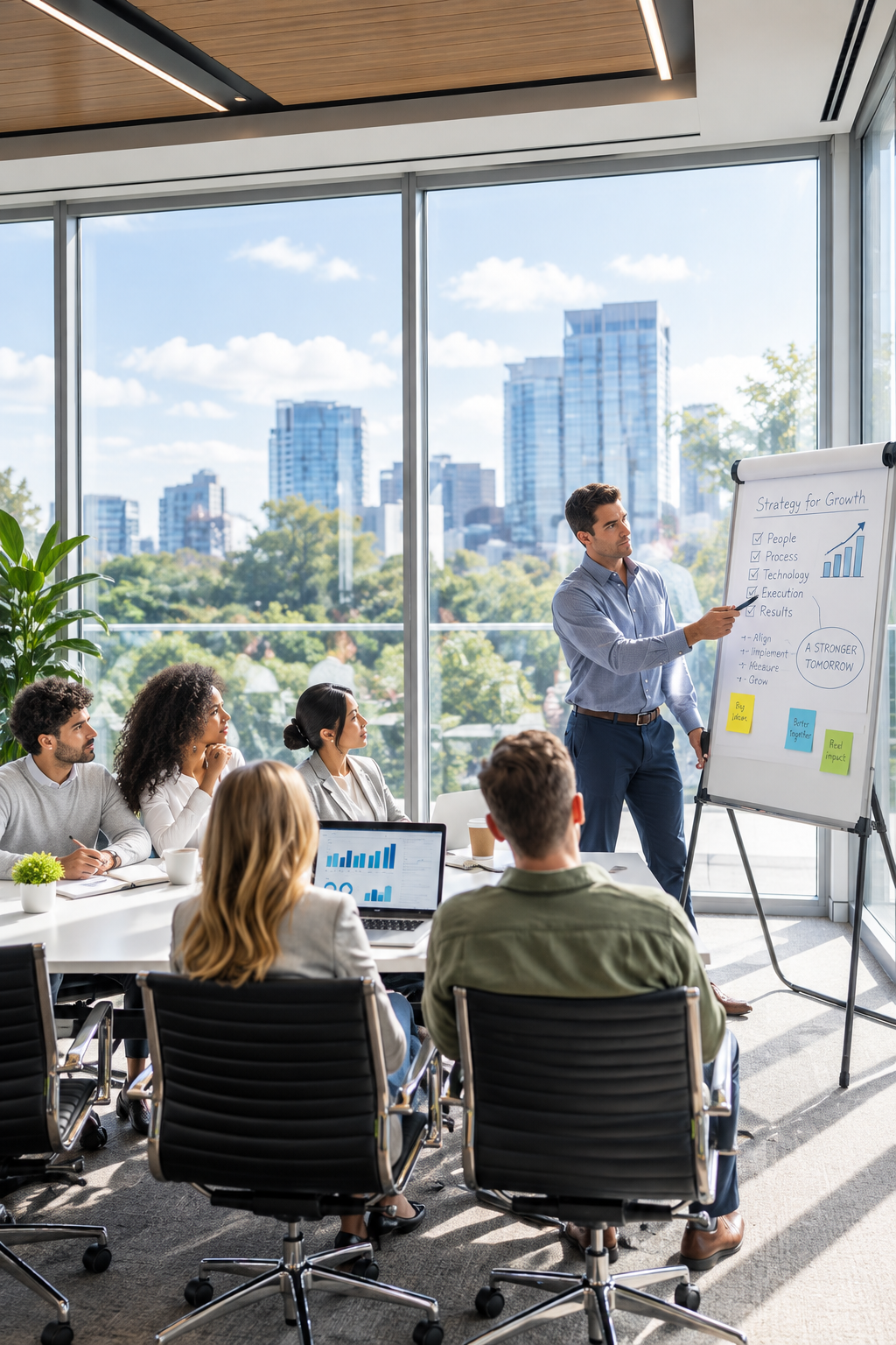 Business presentation in a modern conference room with large windows, a man pointing to a whiteboard with strategy and growth plans, and five seated diverse professionals taking notes and listening.