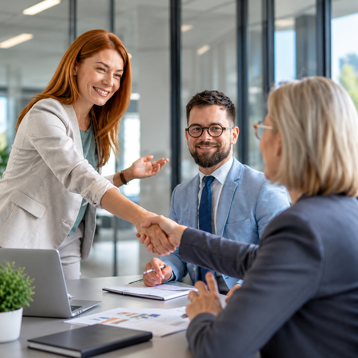 Business meeting with four people, two men and two women, shaking hands in an office with large windows, documents on the table, and a laptop.